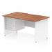 The photo shows a dynamic pedestal desk with a scalloped edge and a walnut top, featuring a white panel end leg. It measures 1400 x 800mm and includes a fixed pedestal with 3 drawers. This workstation is perfect for any office space.