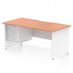 The desk features a sleek and modern design with a scalloped edge for a touch of elegance. The beech top adds warmth to the white panel end leg workstation. It is accompanied by a 3 drawer fixed pedestal and measures 1600 x 800mm.