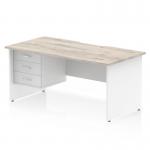 Impulse 1600 x 800mm Scalloped Edge Straight Office Desk Grey Oak Top White Panel End Leg Workstation 1 x 3 Drawer Fixed Pedestal TT000344