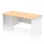 The Dynamic Pedestal Desk Impulse features a scalloped edge straight office desk with a maple top and white panel end leg. It also includes a 3 drawer fixed pedestal for storage. The desk measures 1600 x 800mm and is perfect for any modern workstation.