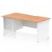 The Dynamic Pedestal Desk Impulse 1600 x 800mm has a scalloped edge and an oak top, with a white panel end leg. It is a straight office desk that offers a spacious workstation. The desk comes with a fixed pedestal that has 3 drawers for storage.