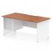 This photo features a sleek Dynamic Pedestal Desk from the Impulse series. The desk is 1600 x 800mm and has a scalloped edge. The top is made of walnut, with a white panel end leg for a modern aesthetic. The desk also includes a fixed 3 drawer pedestal.