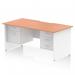 This dynamic pedestal desk is 1600 x 800mm in size and features a scalloped edge for a modern touch. The beech top and white panel end leg create a clean and professional look. The desk includes a 2 drawer and 3 drawer fixed pedestal for ample storage space. Perfect for any office or workstation.