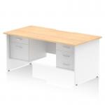 This dynamic pedestal desk has a sleek and modern design with a scalloped edge and straight office desk. The maple top and white panel end leg add a touch of elegance. It features a 2 drawer and 3 drawer fixed pedestal, perfect for organizing your workspace.