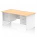 This dynamic pedestal desk has a sleek and modern design with a scalloped edge and straight office desk. The maple top and white panel end leg add a touch of elegance. It features a 2 drawer and 3 drawer fixed pedestal, perfect for organizing your workspace.