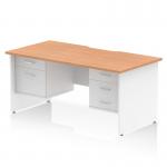 This is a sleek and modern Dynamic Pedestal Desk with an Impulse 1600 x 800mm scalloped edge oak top and white panel end leg. It features a 1 x 2 drawer and 1 x 3 drawer fixed pedestal for storage. This straight office desk is both functional and stylish, perfect for any workspace.