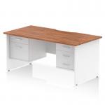 The adjustable Dynamic Pedestal Desk Impulse with a 1600 x 800mm walnut top and white panel end legs has a scalloped edge. It includes a 2 drawer and 3 drawer fixed pedestal for ample storage. This modern workstation is perfect for any office setting.