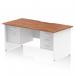 The adjustable Dynamic Pedestal Desk Impulse with a 1600 x 800mm walnut top and white panel end legs has a scalloped edge. It includes a 2 drawer and 3 drawer fixed pedestal for ample storage. This modern workstation is perfect for any office setting.