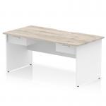 Impulse 1600 x 800mm Scalloped Edge Straight Office Desk Grey Oak Top White Panel End Leg Workstation 2 x 1 Drawer Fixed Pedestal TT000354