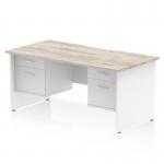 Impulse 1600 x 800mm Scalloped Edge Straight Office Desk Grey Oak Top White Panel End Leg Workstation 2 x 2 Drawer Fixed Pedestal TT000359