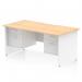 This picture shows a dynamic pedestal desk with a scalloped edge, measuring 1600 x 800mm. The top is made of maple, with a white panel end and leg for support. The workstation also includes 2 fixed pedestals with 2 drawers each.