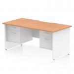 This image shows a stylish and functional Dynamic Pedestal Desk Impulse measuring 1600 x 800mm. It features a scalloped edge and an oak top with a white panel end leg. The workstation also includes 2 x 2 drawer fixed pedestals for added storage.