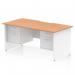 This image shows a stylish and functional Dynamic Pedestal Desk Impulse measuring 1600 x 800mm. It features a scalloped edge and an oak top with a white panel end leg. The workstation also includes 2 x 2 drawer fixed pedestals for added storage.