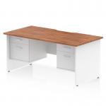 This photo features a sleek and versatile Dynamic Pedestal Desk Impulse with walnut top and white panel end leg design. Its scalloped edge and straight shape add a contemporary touch, while the 2 fixed pedestals and 2 drawers offer ample storage space for a streamlined workstation.