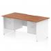 This photo features a sleek and versatile Dynamic Pedestal Desk Impulse with walnut top and white panel end leg design. Its scalloped edge and straight shape add a contemporary touch, while the 2 fixed pedestals and 2 drawers offer ample storage space for a streamlined workstation.