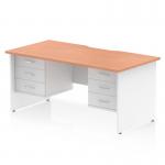 This photograph features a modern and stylish Dynamic Pedestal Desk Impulse. The desk has a scalloped edge and is 1600 x 800mm in size, with a beech top and white panel end legs. It also includes 2 x 3 drawer fixed pedestals for storage and organization.