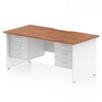 This photo is of a dynamic pedestal desk with a scalloped edge and a walnut top. The panel end leg workstation has a sleek white finish. It also includes two 3-drawer fixed pedestals for extra storage space.