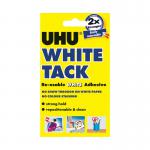 The picture shows a pack of 12 round containers of UHU Tack White Tack, each with 50g of the adhesive substance. The containers are stacked neatly next to each other, with the UHU logo and product name clearly visible on the packaging. The white tack inside appears soft and malleable, perfect for various projects and tasks.