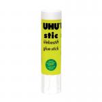 The picture shows a pack of 12 UHU Stic glue sticks, each weighing 21g. The sticks are neatly arranged in a row, with the UHU logo prominently displayed on each one. The packaging is bright and colorful, making it easy to spot on a store shelf. Some sticks have been slightly used, with the adhesive visible at the top. The overall image is clean and professional, appealing to both adults and children.