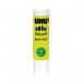 The picture shows a pack of 12 UHU Stic glue sticks, each weighing 21g. The sticks are neatly arranged in a row, with the UHU logo prominently displayed on each one. The packaging is bright and colorful, making it easy to spot on a store shelf. Some sticks have been slightly used, with the adhesive visible at the top. The overall image is clean and professional, appealing to both adults and children.