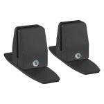 This photo features a pair of black, PET aluminium surface mount desktop clamps for office desk screens. The brackets are designed to securely hold the screens in place, providing a clean and organized workspace.