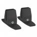 This photo features a pair of black, PET aluminium surface mount desktop clamps for office desk screens. The brackets are designed to securely hold the screens in place, providing a clean and organized workspace.