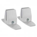 The image shows a pair of sturdy white brackets designed to mount office desk screens. Made of PET and aluminium, the brackets feature a sleek surface mount and desktop clamps for easy installation. Perfect for creating a clean, organized workspace.