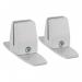 The image shows a pair of sturdy white brackets designed to mount office desk screens. Made of PET and aluminium, the brackets feature a sleek surface mount and desktop clamps for easy installation. Perfect for creating a clean, organized workspace.