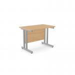 The photo shows two rectangular ashford desks in an office setting with metal legs and a beech finish. The desks measure 1000mm by 600mm and are arranged in a straight line. A modern and functional workspace that is perfect for any professional environment.