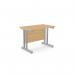 The photo shows two rectangular ashford desks in an office setting with metal legs and a beech finish. The desks measure 1000mm by 600mm and are arranged in a straight line. A modern and functional workspace that is perfect for any professional environment.
