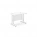 The photo captures a modern office space with sleek white rectangle desks. The desks have twin bar metal legs and measure 1000mm x 600mm. They are arranged in a straight line, creating a professional and organized workspace.