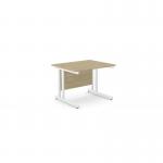This image features a modern and sleek urban oak and white edit office rectangle desk with a twin bar metal leg design. The desk measures 1000mm x 800mm and has a straight shape. The combination of wood and metal creates a stylish and functional workspace.