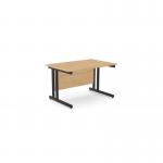 The photo shows a spacious and modern office setup with two rectangle desks in ashford twin bar metal legs. The 1200mm x 800mm straight desks are finished in a stylish beech and black design, adding a touch of elegance to the room. The desks are ideal for creating a functional and professional work environment.