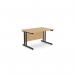 The photo shows a spacious and modern office setup with two rectangle desks in ashford twin bar metal legs. The 1200mm x 800mm straight desks are finished in a stylish beech and black design, adding a touch of elegance to the room. The desks are ideal for creating a functional and professional work environment.