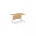 This photo showcases a modern office space with sleek ashford twin bar metal leg rectangle desks. The desks measure 1200mm x 800mm and are finished with a stylish beech and white color scheme. Perfect for a clean and professional workspace.