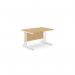 This photo showcases a modern office space with sleek ashford twin bar metal leg rectangle desks. The desks measure 1200mm x 800mm and are finished with a stylish beech and white color scheme. Perfect for a clean and professional workspace.
