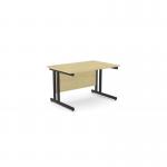 The image displays a sleek and modern office setting featuring two rectangular desks with ashford twin bar metal legs, each measuring 1200mm x 800mm. The straight desks are finished in a natural maple color and accented with black details for a professional touch.
