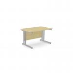 This photo shows a modern office space with sleek rectangular desks in a maple finish. The desks are supported by silver metal legs and measure 1200mm x 800mm. The minimalist design and clean lines make for a professional and functional workspace.