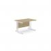 This photo showcases a sleek and modern office setup featuring two rectangular desks with metal legs. The desks are 1200mm x 800mm in size and have an urban oak and white color scheme. The workspace appears clean, organized, and professional.