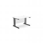 This photograph features a modern office setting with sleek, white and black rectangle desks, supported by twin bar metal legs. The desks measure 1200mm x 800mm and have a straight design, creating a clean and organized work space.
