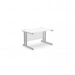 The picture shows a modern office setting with two rectangular desks in ashford twin bar metal legs measuring 1200mm x 800mm. The desks are straight and have a white finish, creating a clean and professional look. The desks are complemented by a sleek SLV ATW-CTST1280/WH/SLV lamp, adding a touch of sophistication to the workspace.