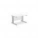 The picture shows a modern office setting with two rectangular desks in ashford twin bar metal legs measuring 1200mm x 800mm. The desks are straight and have a white finish, creating a clean and professional look. The desks are complemented by a sleek SLV ATW-CTST1280/WH/SLV lamp, adding a touch of sophistication to the workspace.