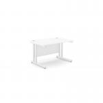 The office desks are rectangular in shape with metal legs and a white finish. They measure 1200mm x 800mm and have a straight design.
