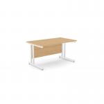 This office desk features a modern design with rectangular shape and a sleek metal leg in the center. The desk measures 1400mm by 800mm and has a smooth, beech wood finish paired with a crisp white surface. Its a stylish and functional piece for any workspace.