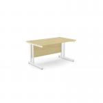 The photo shows a modern office space with sleek, rectangular desks. The desks are made with ashford twin bar metal legs and are finished in maple and white. The crisp, clean lines of the desks create a professional and organized atmosphere.
