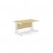 The photo shows a modern office space with sleek, rectangular desks. The desks are made with ashford twin bar metal legs and are finished in maple and white. The crisp, clean lines of the desks create a professional and organized atmosphere.