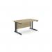 The picture shows a rectangular office desk with a metal twin bar leg in Ashford finish. It measures 1400mm x 800mm and has a straight design. The desk is in an Urban Oak and Black color scheme.