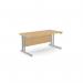 The photograph shows a modern edit office equipped with elegant rectangle desks. The desks feature sleek ashford twin bar metal legs and measure 1600mm x 800mm in size. The straight desk has a refreshing beech finish and is complemented by SLV accents.