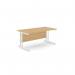 The picture displays a spacious and modern office set-up, featuring rectangle desks with ash grey wood tops and sleek white metal twin bar legs. The desks measure 1600mm x 800mm in size and are arranged in a straight configuration. The overall aesthetic exudes a professional and clean atmosphere, with a touch of warmth and sophistication.