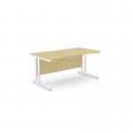 The photograph shows a spacious, modern office with sleek rectangular desks made of ash wood. The desks have a unique metal leg design and measure 1600mm by 800mm. They are in a straight layout and feature a clean maple finish. The white accents add a touch of sophistication to the overall aesthetic.